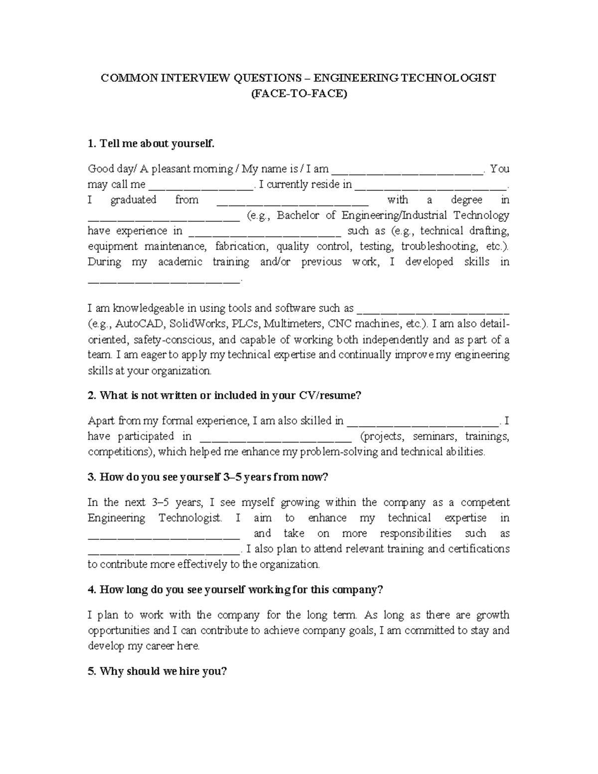 ENGT 101: Common Interview Questions for Engineering Technologists ...
