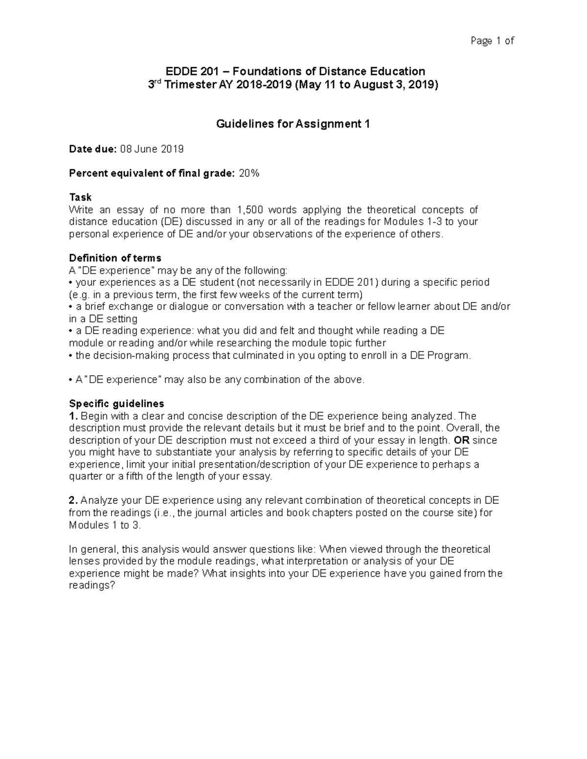 Guidelines for Assignment 1: EDDE 201 Foundations of Distance Education ...
