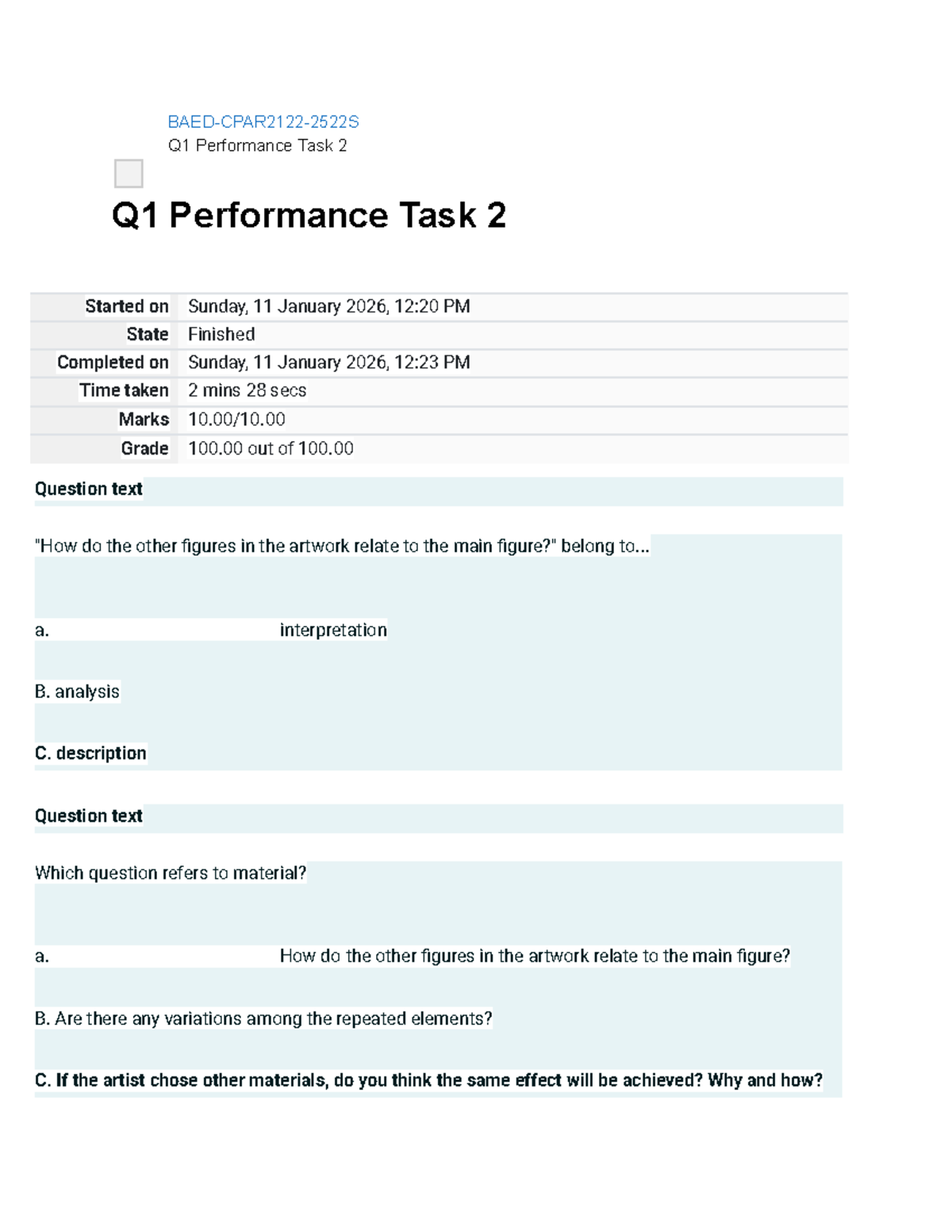 BAED CPAR2122 - Performance Task 2 Analysis - Quarter 1 - Studocu