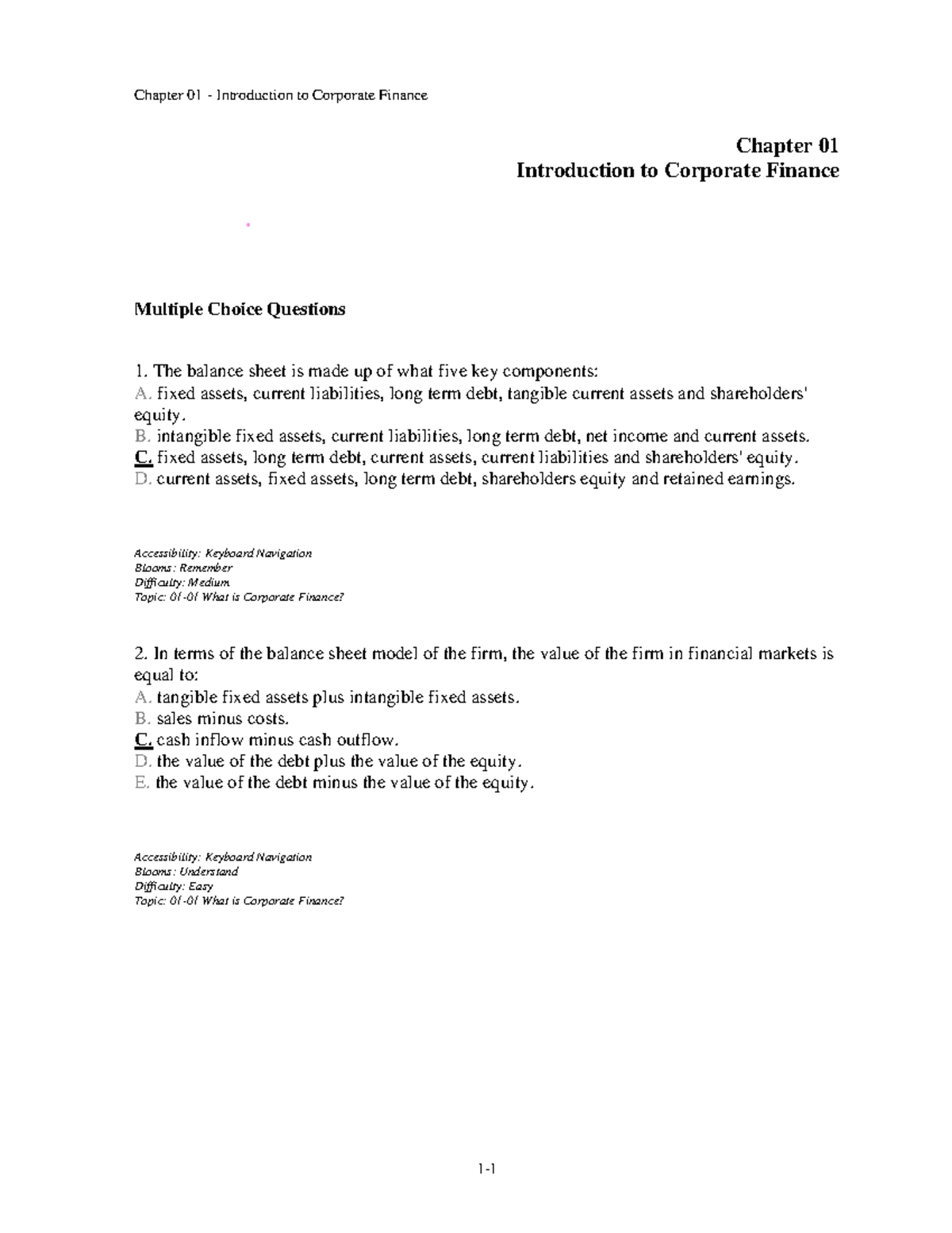 Chapter 01 Corporate Finance MCQs and Key Concepts (Course Code ...