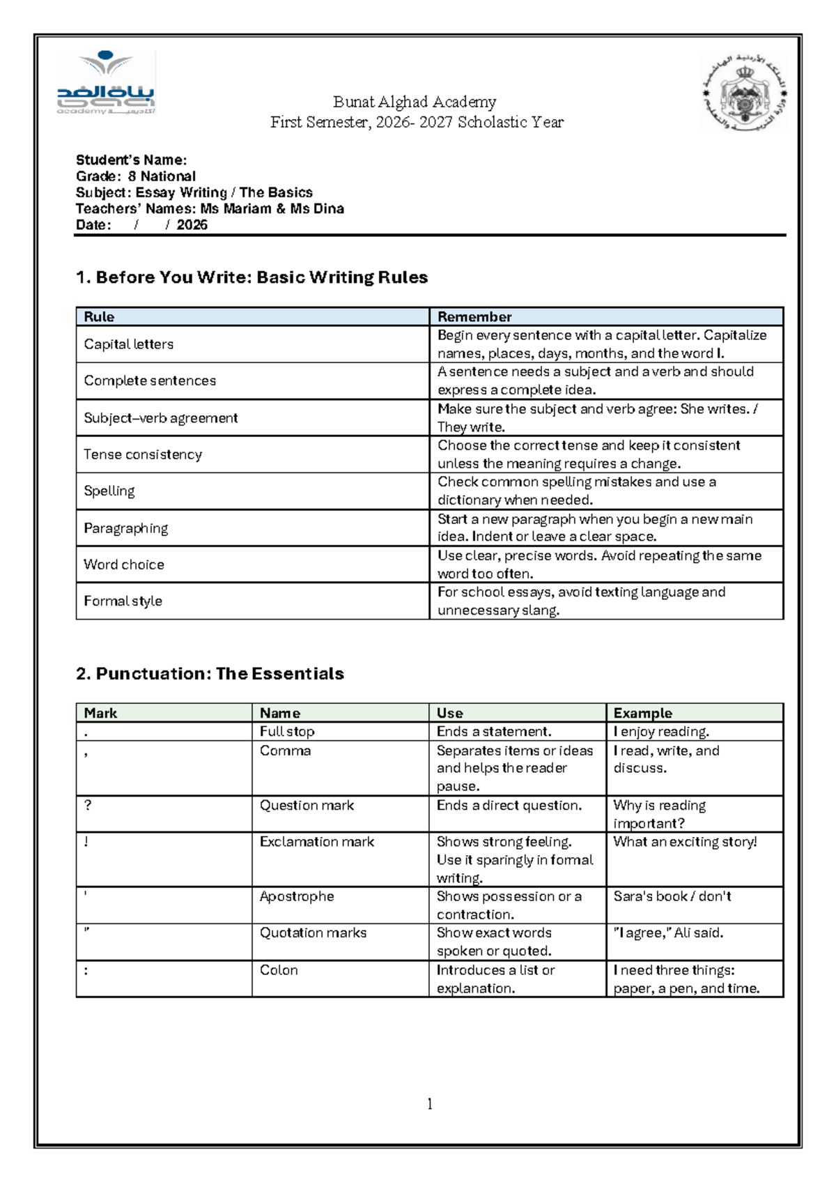 Essay Writing Basics for Grade 8 - Bunat Alghad Academy 2027 - Studocu