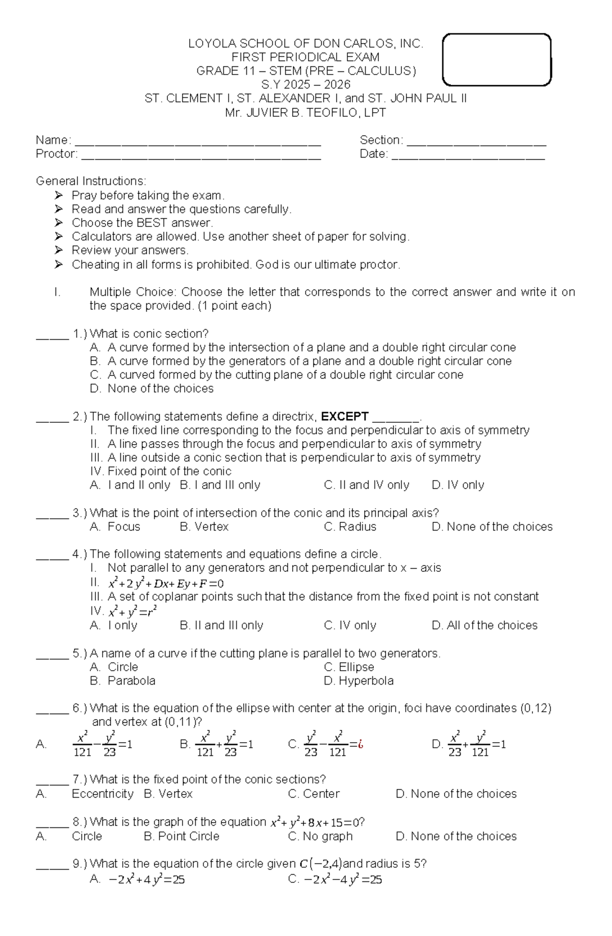 Grade 11 STEM (Pre-Calculus) First Periodical Exam Guide - Studocu