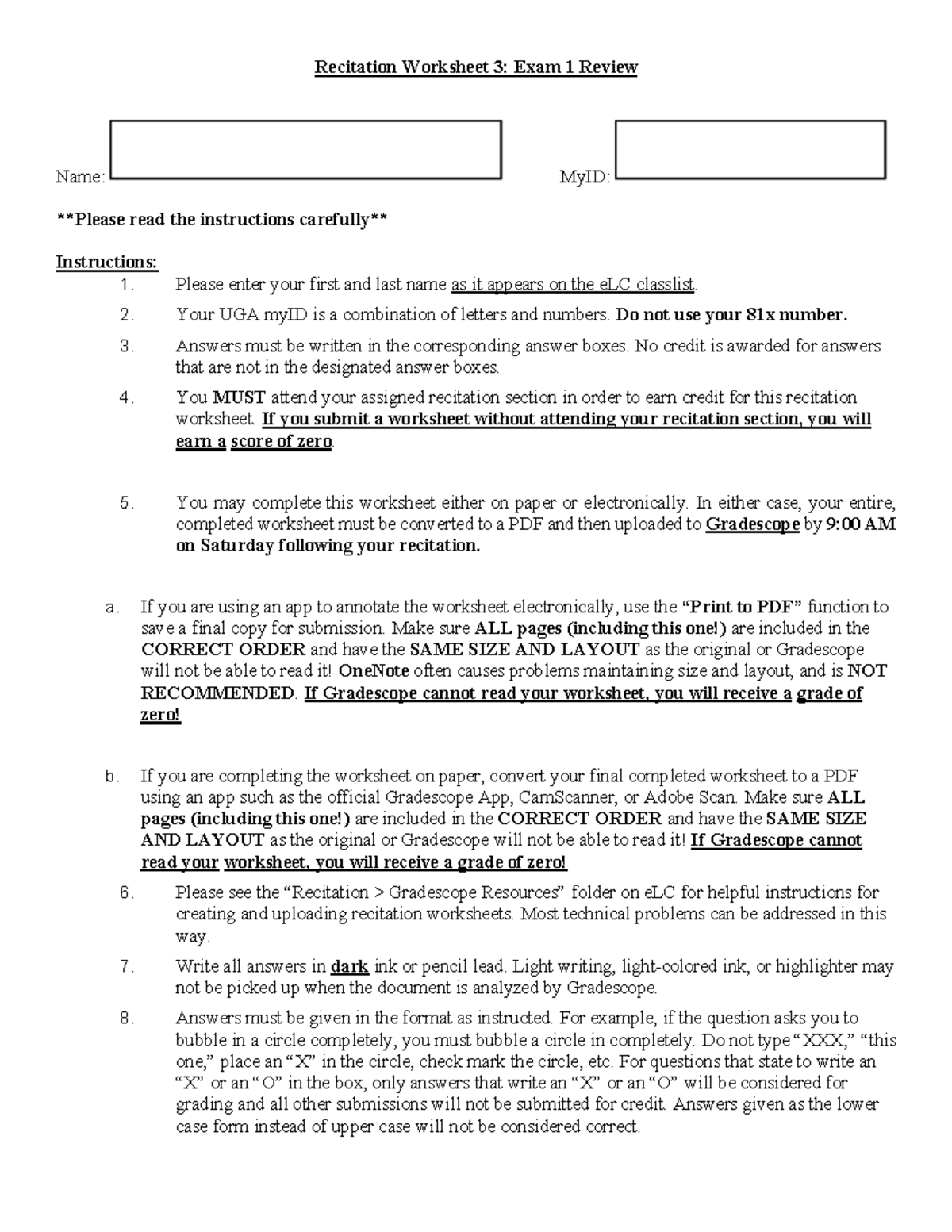 Recitation Worksheet 3: Exam 1 Review Instructions and Guidelines - Studocu