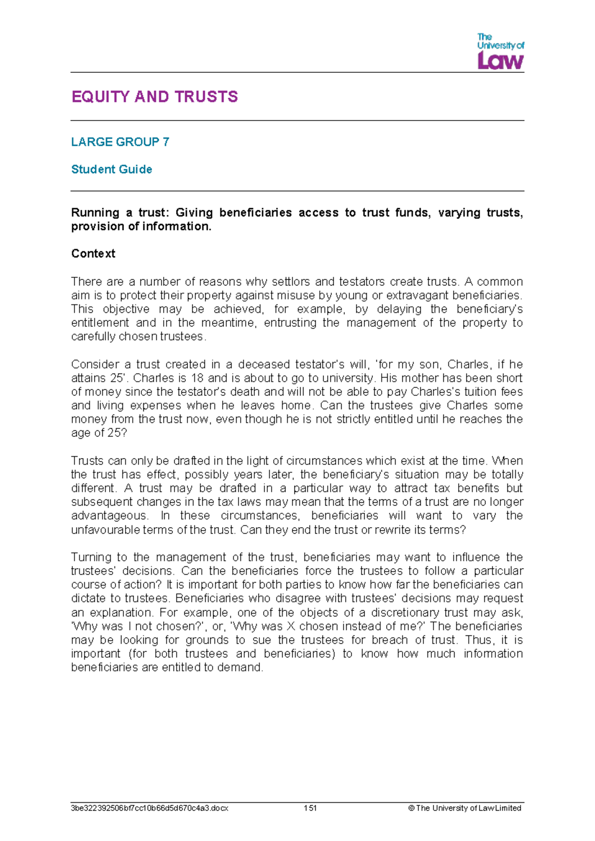 EQUITY AND TRUSTS (EQUITY 2526) LARGE GROUP 7: Beneficiaries' Access ...