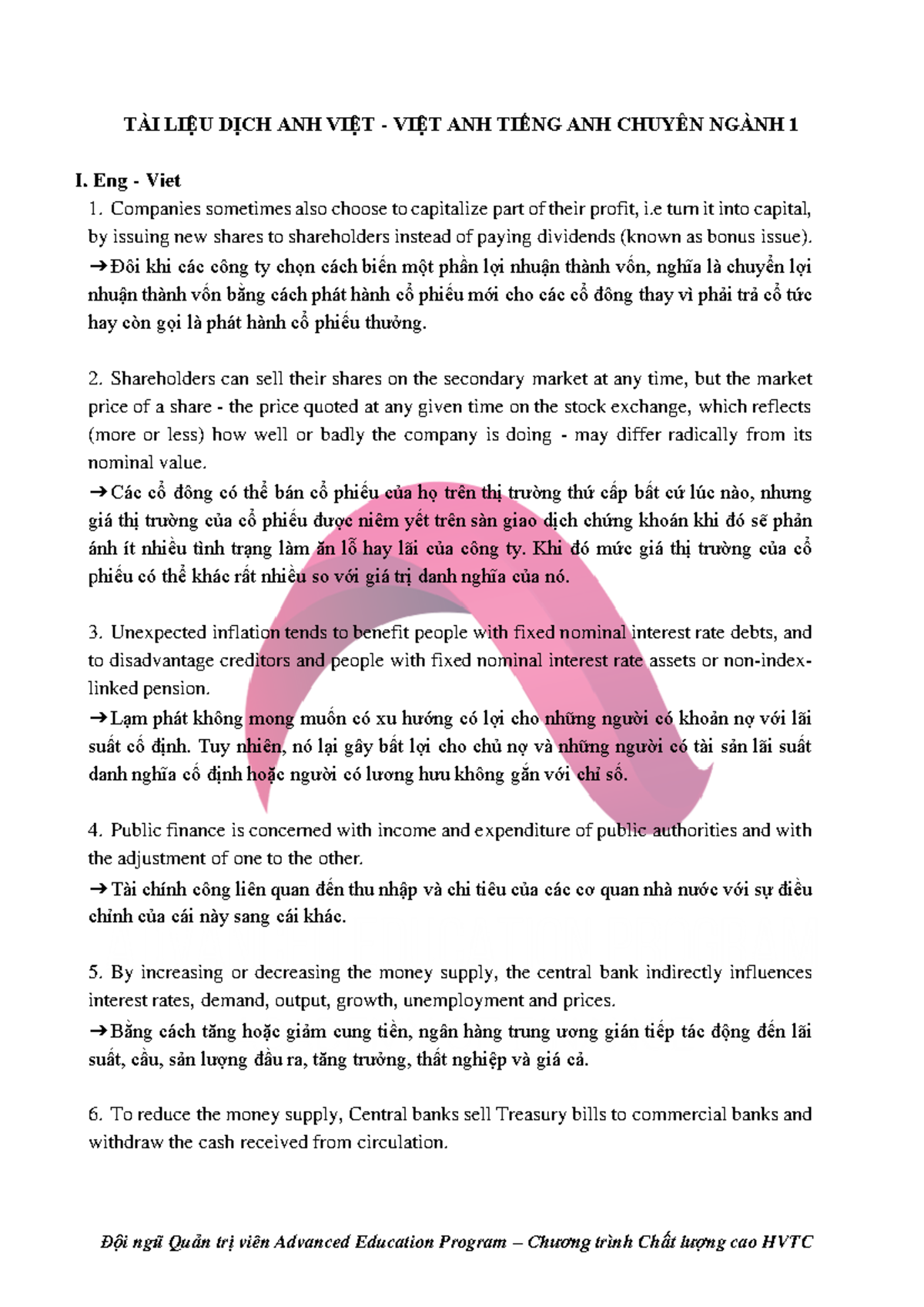 Tài liệu Dịch Anh-Việt Chuyên Ngành Kinh Tế Tài Chính - TACN1 - Studocu