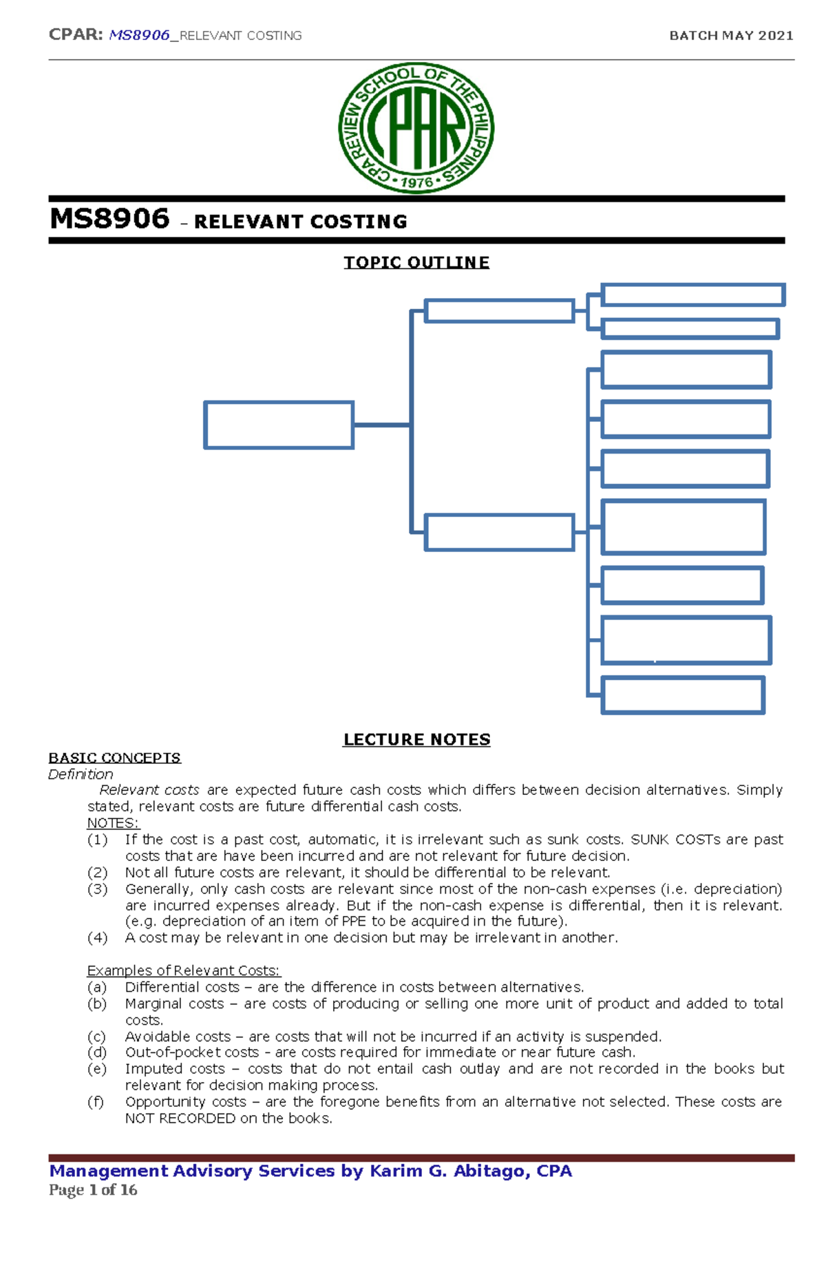 MS8906 Relevant Costing Lecture Notes and Management Decisions - Studocu