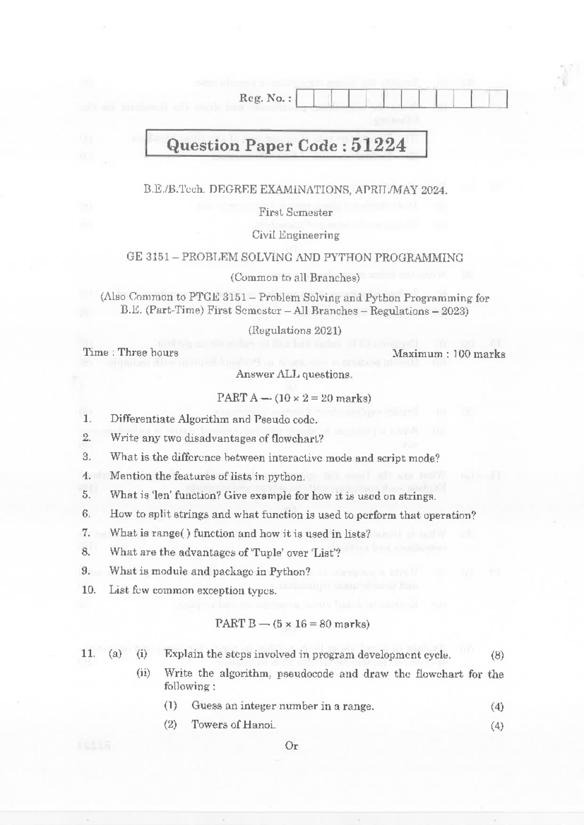 GE 3151-Problem Solving & Python Programming-Exam Qs-2024 - Studocu