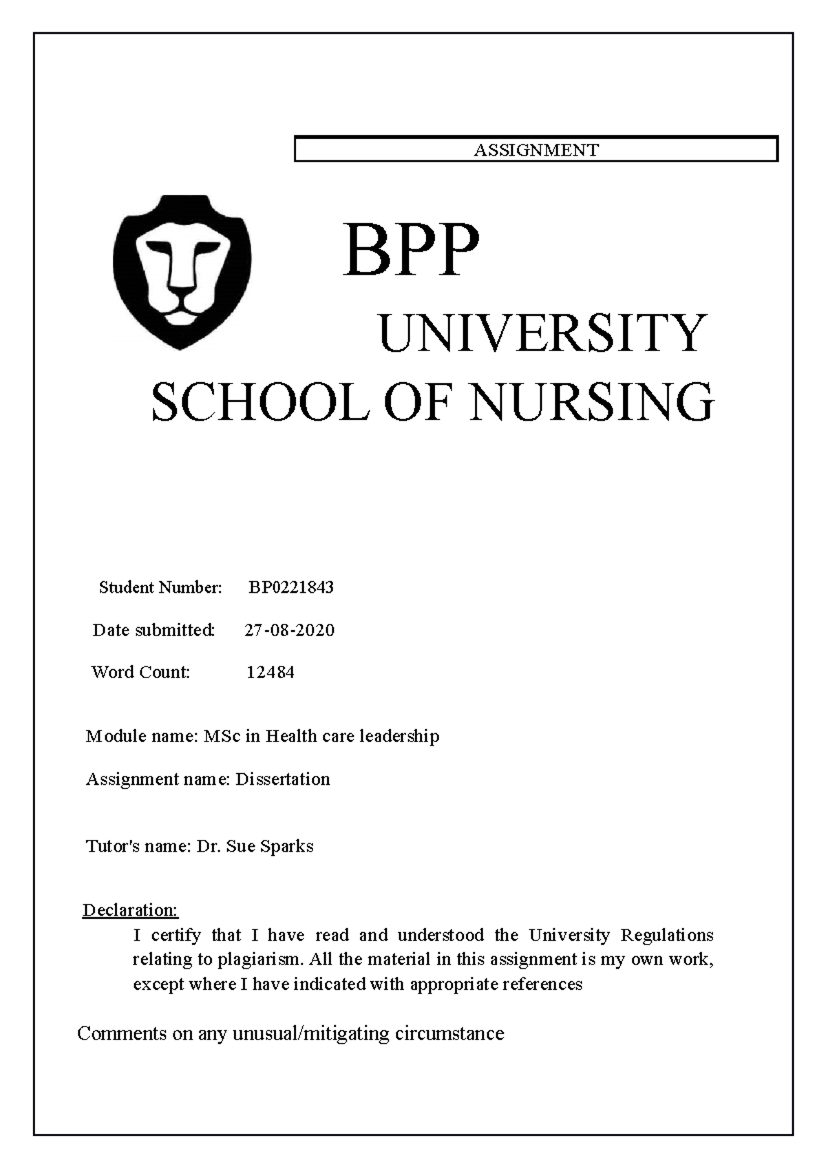 MSc in Health Care Leadership: Dissertation on Music Therapy ...