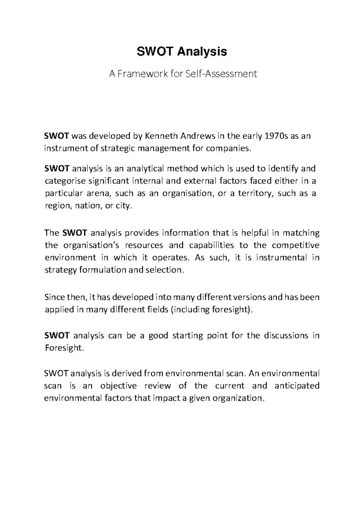 SWOT Analysis Framework for Self-Assessment and Strategy (STP) - Studocu