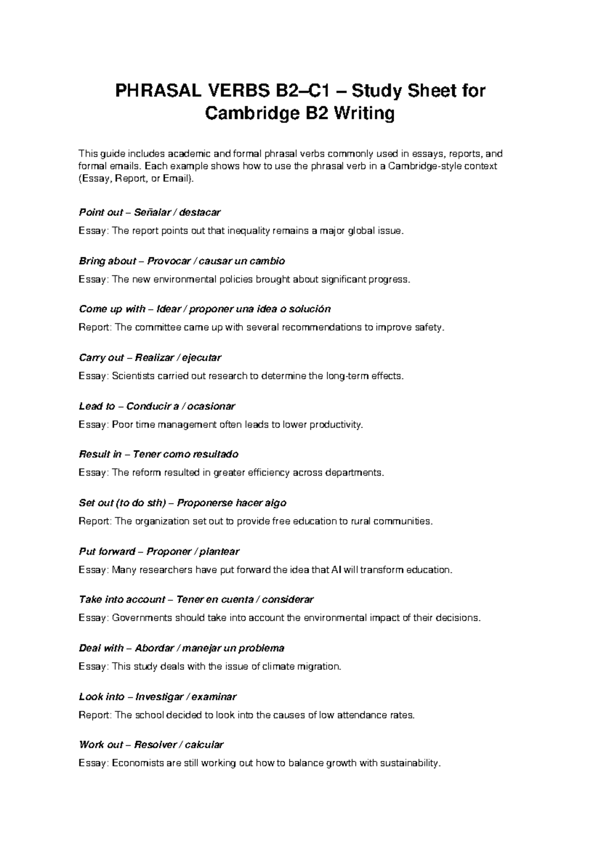 PHRASAL VERBS B2-C1 Writing Guide for Cambridge Exams - Studocu