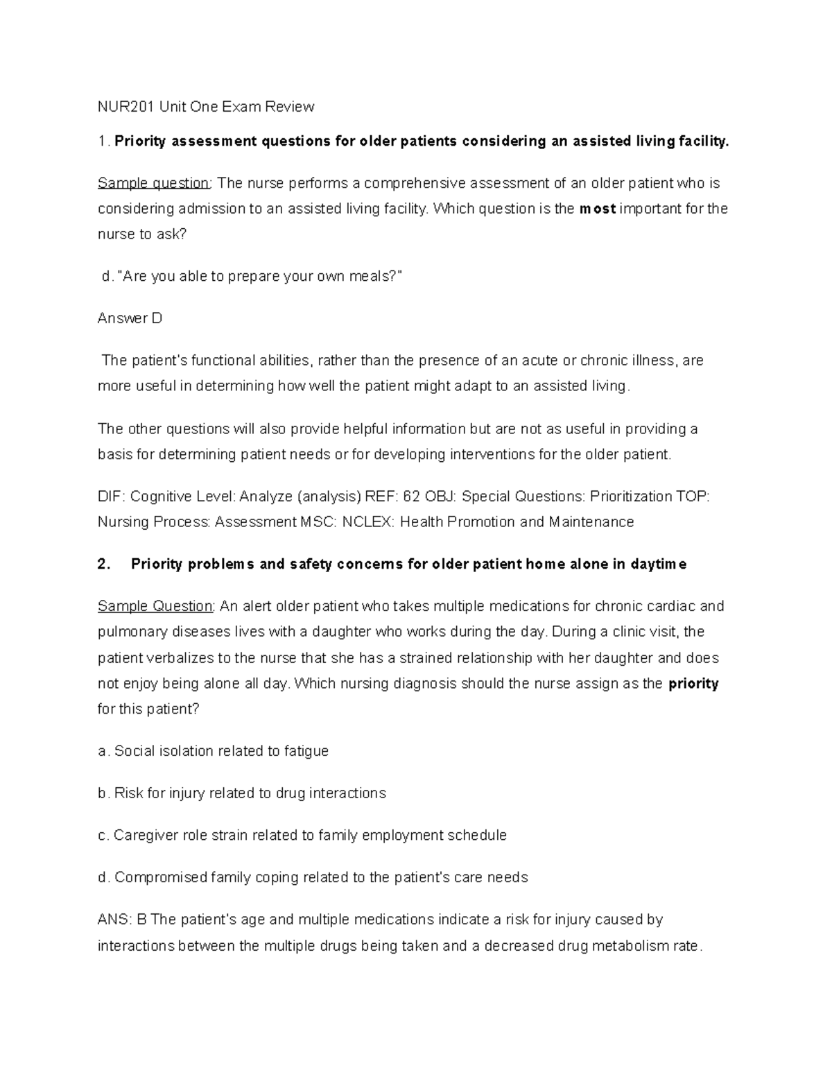 NUR201 Exam 1 Study Guide: Key Priorities & Patient Assessments - Studocu