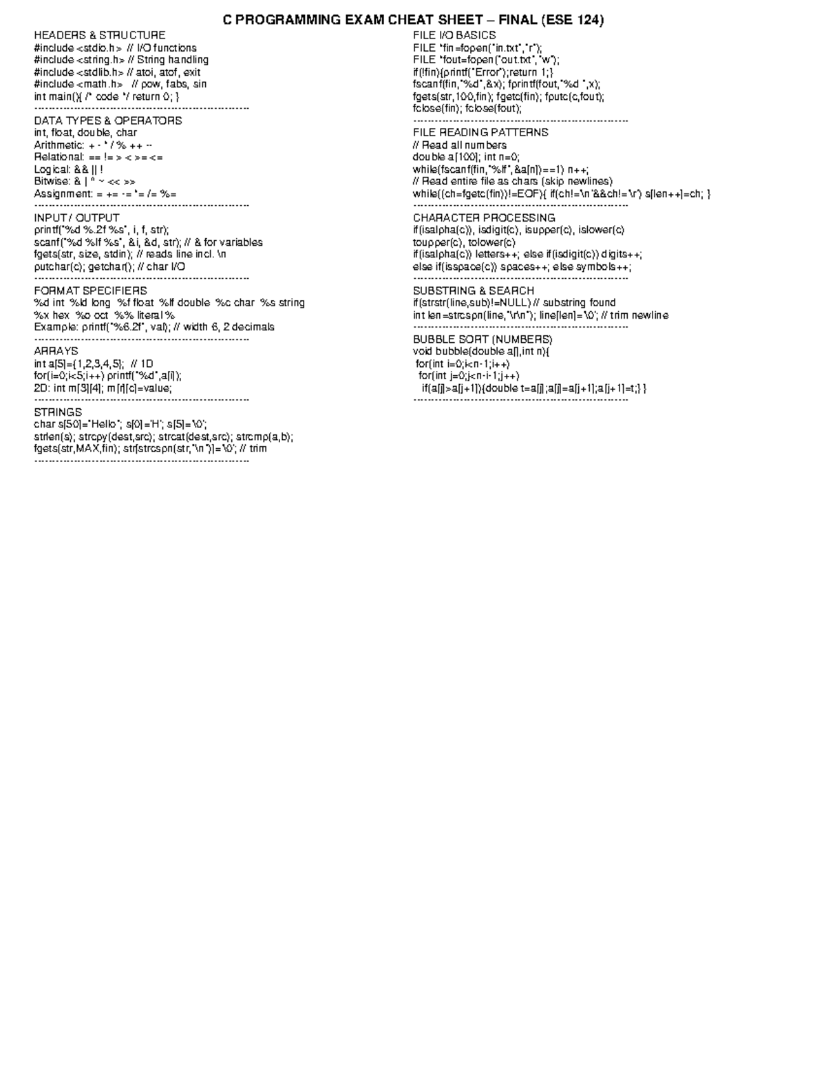 C Programming Final Exam Cheat Sheet (ESE 124) - Studocu