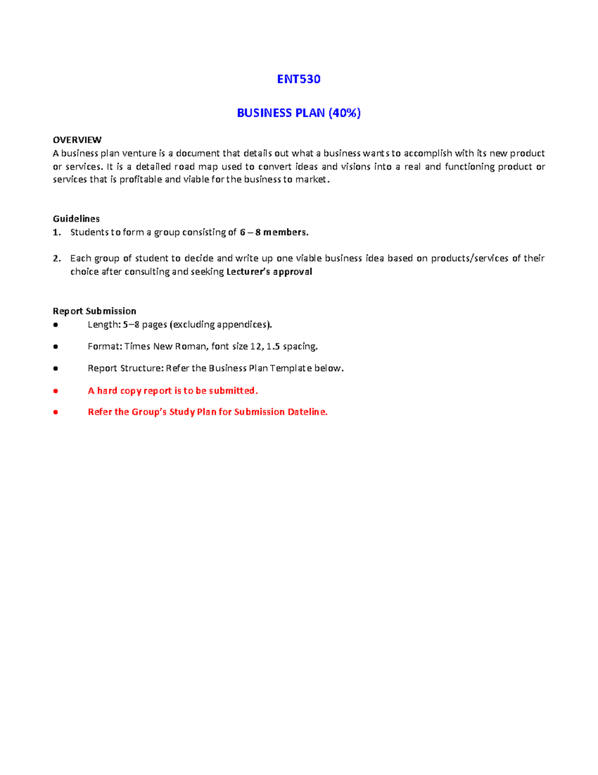 ENT530 Business Plan Guidelines: Group 2 Overview and Structure - Studocu