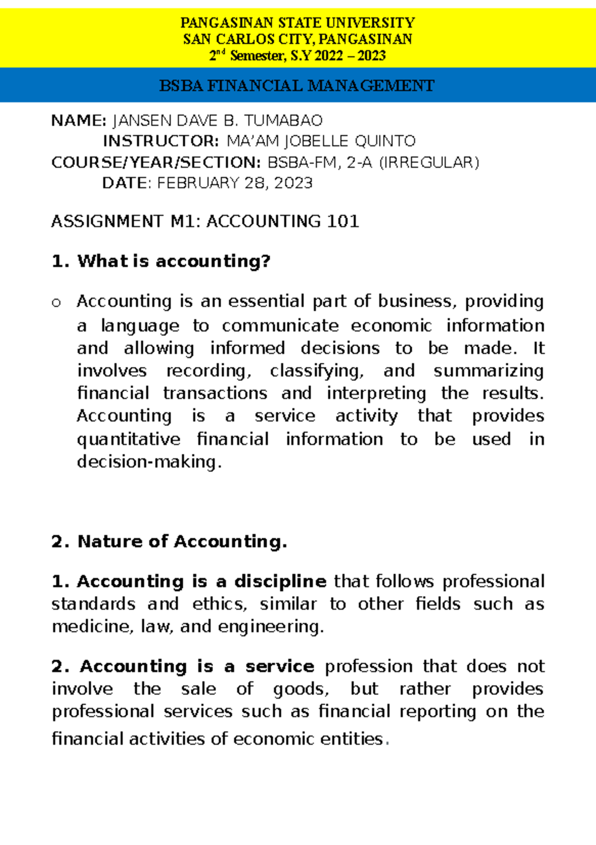 Acctng 101: Assignment M1 Overview on Functions & Nature of Accounting ...