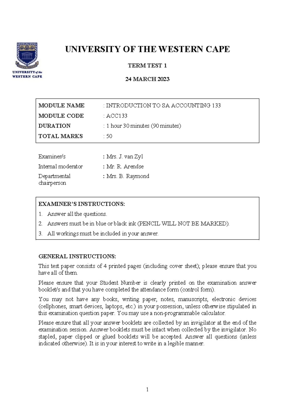 ACC133+TERM+TEST+1+ Final - UNIVERSITY OF THE WESTERN CAPE TERM TEST 1 ...