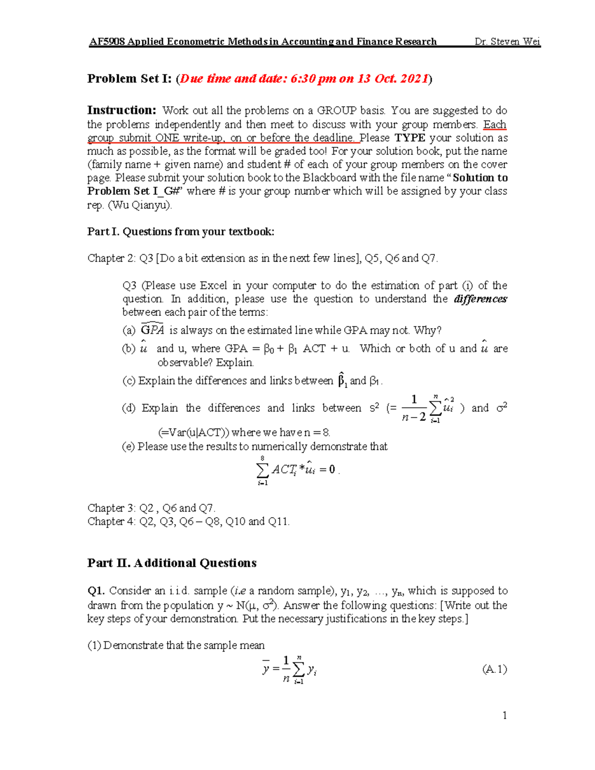 Problem Set I 2021: Group Assignment for Econometrics Course - Studocu