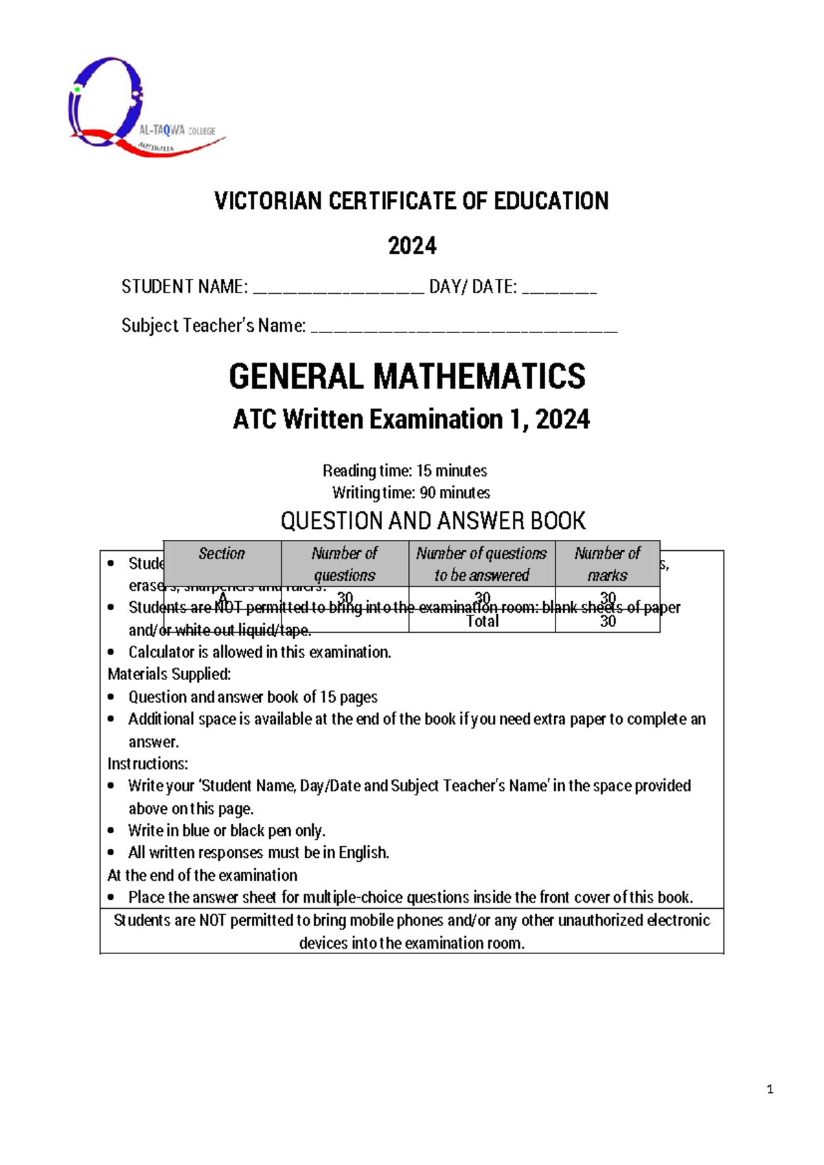 General Mathematics ATC Exam 1, Semester 2, 2024 - Studocu