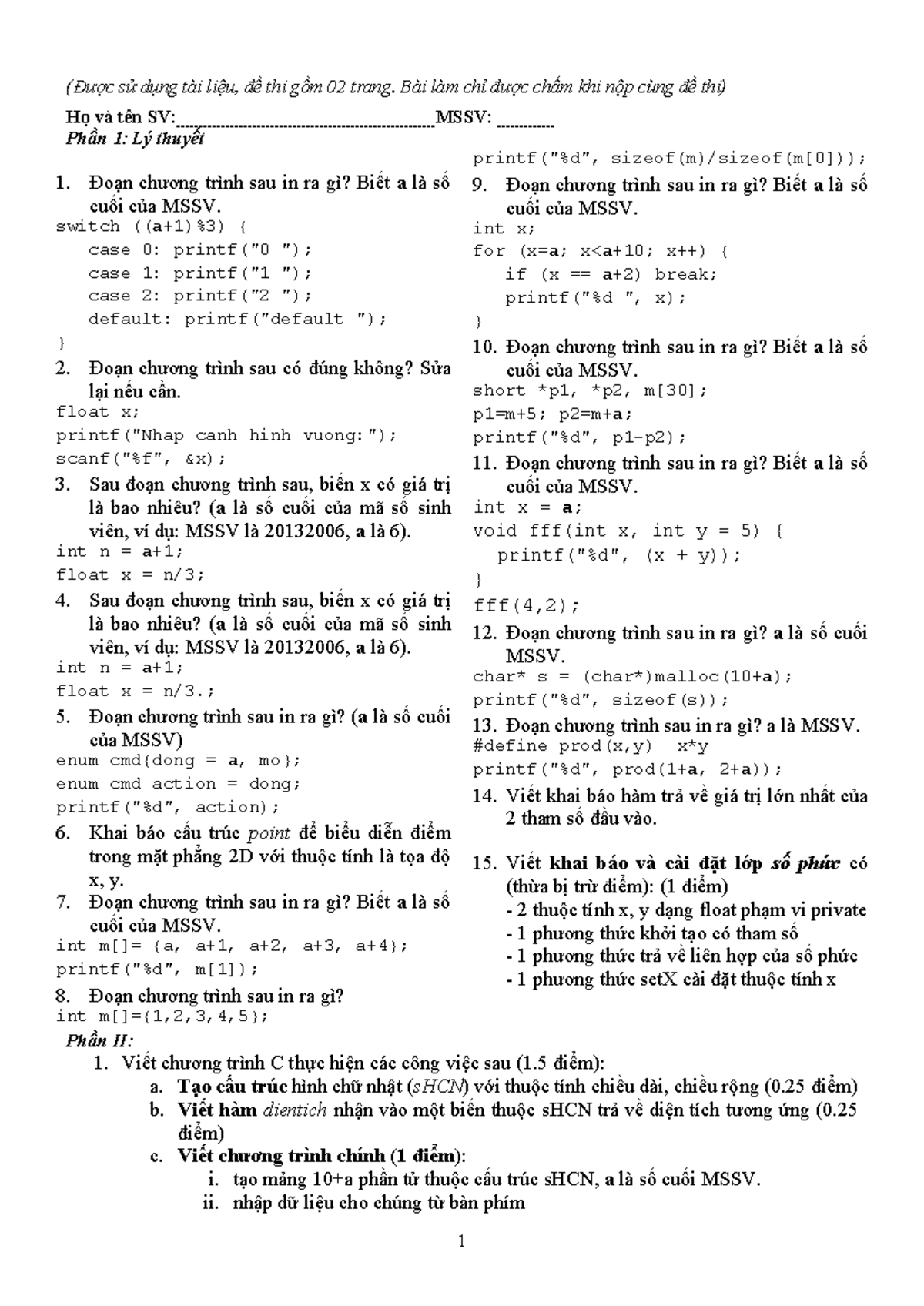 Đề thi Kỹ thuật lập trình - MSSV và Cấu trúc C++ căn bản - Studocu