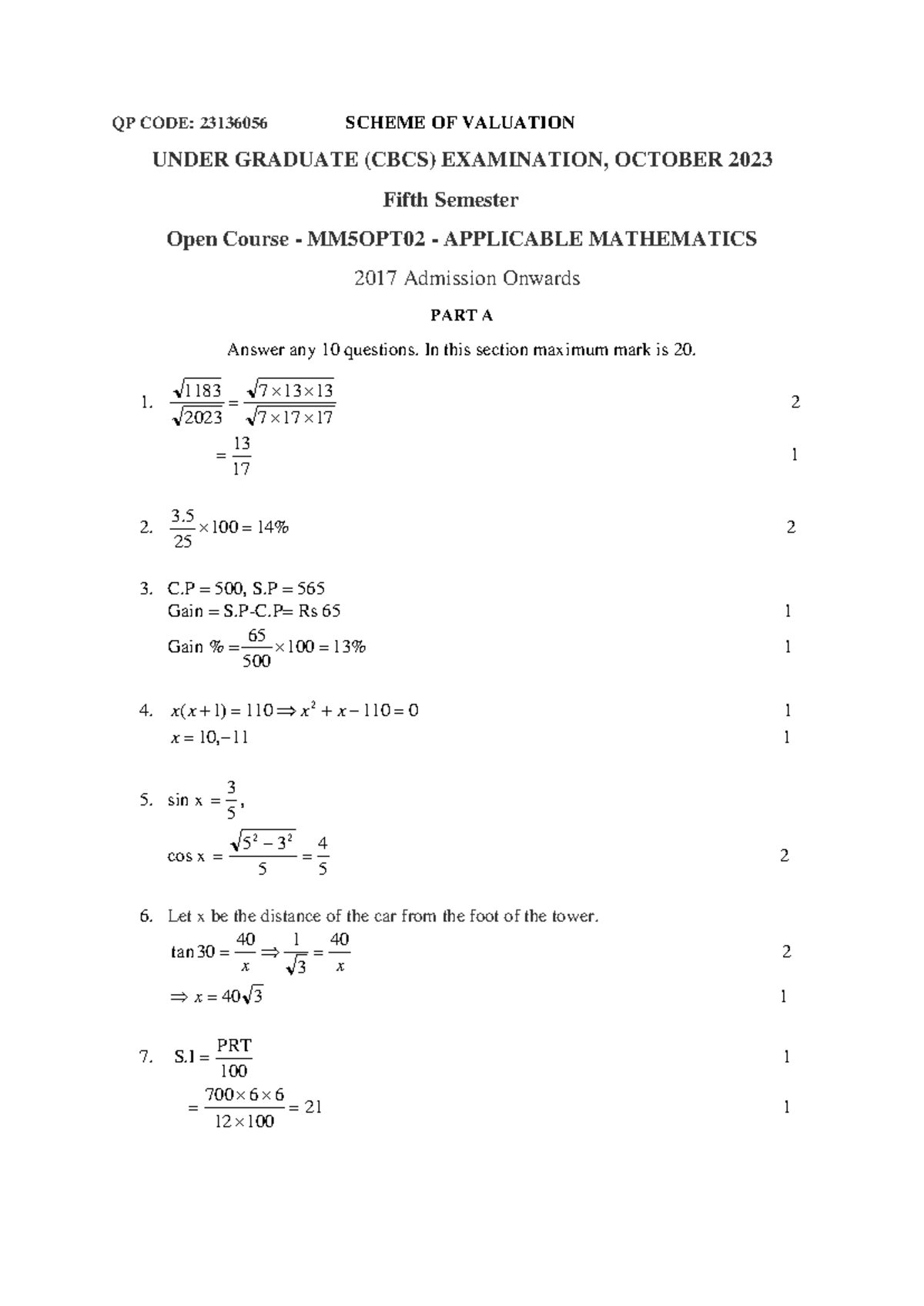 23136056 - Scheme of Valuation for Applicable Mathematics Exam - Studocu