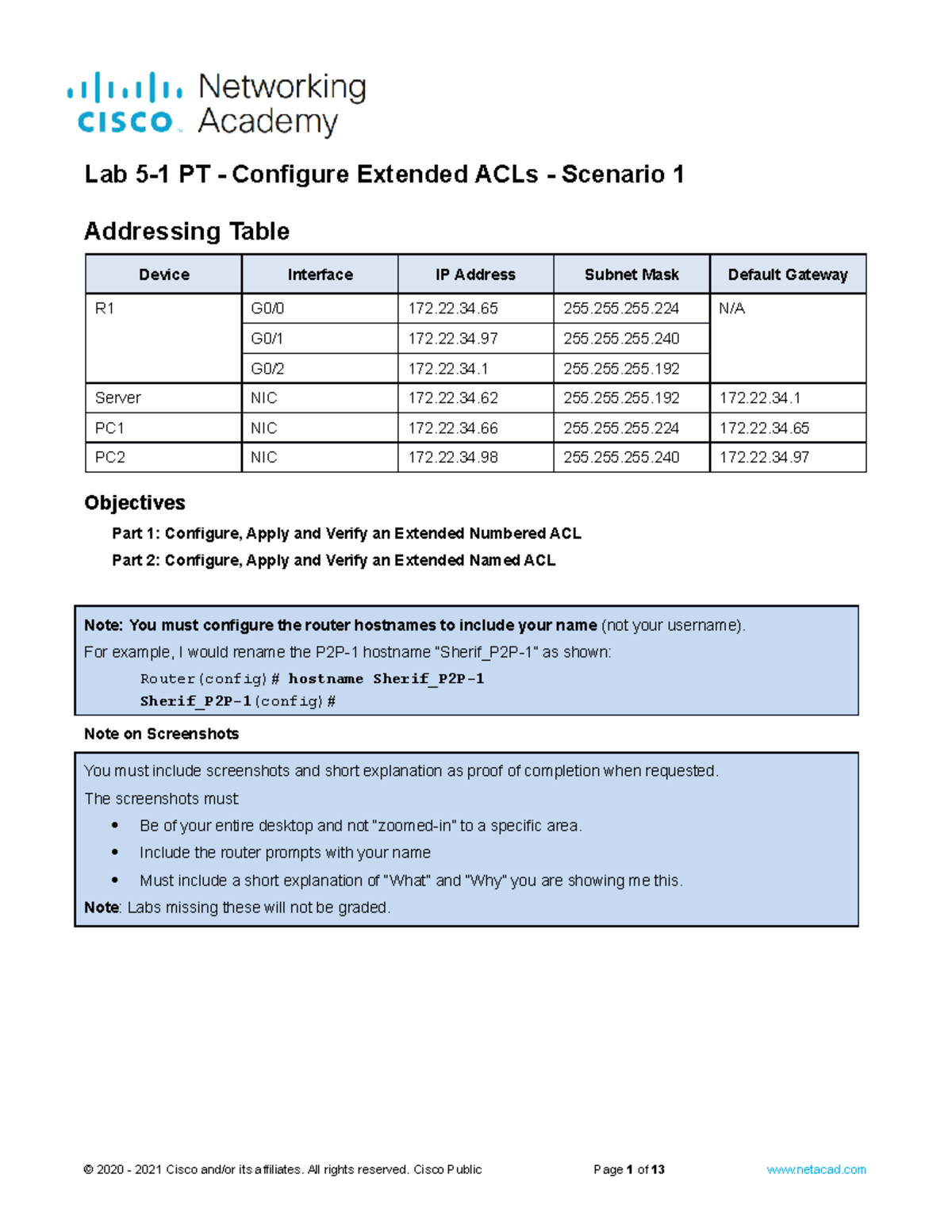 Lab 5-1 Student Packet Tracer - Configure Extended IPv4 ACLs - Scenario ...