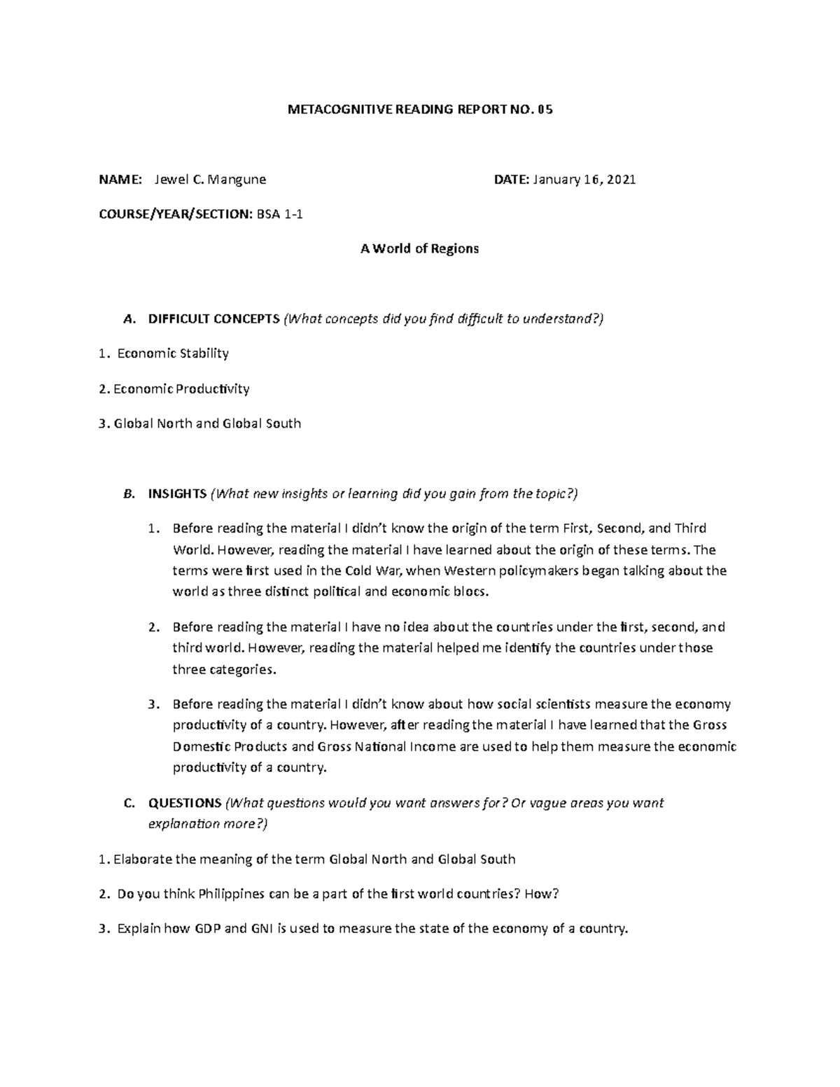 JM M5 - Metacognitive Reading Report on Economic Concepts and Insights ...