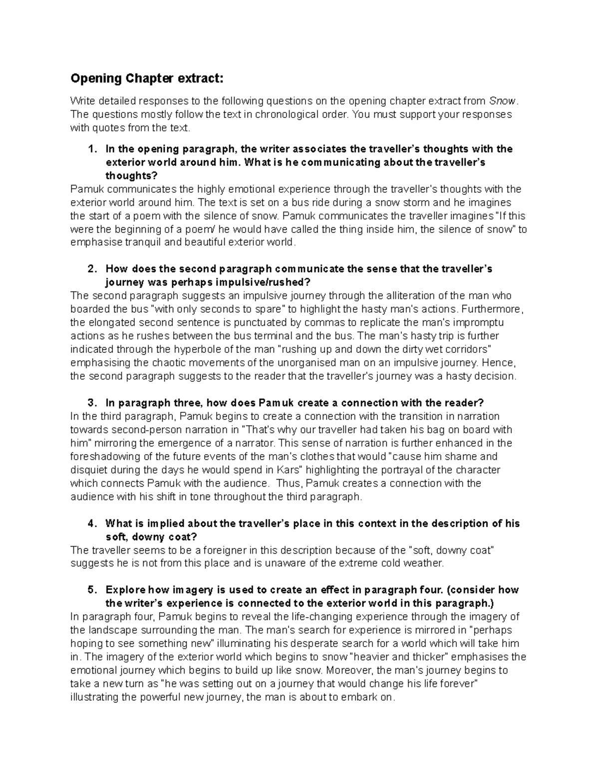English Extension: Detailed Responses to 'Snow' Opening Chapter Extract ...