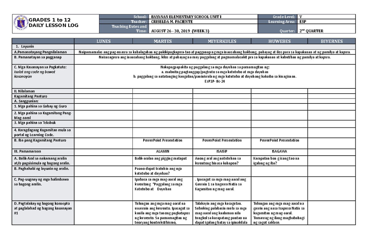 DLL ESP 5 Q2 W3 - Lesson Log and Lecture Notes Overview - Studocu
