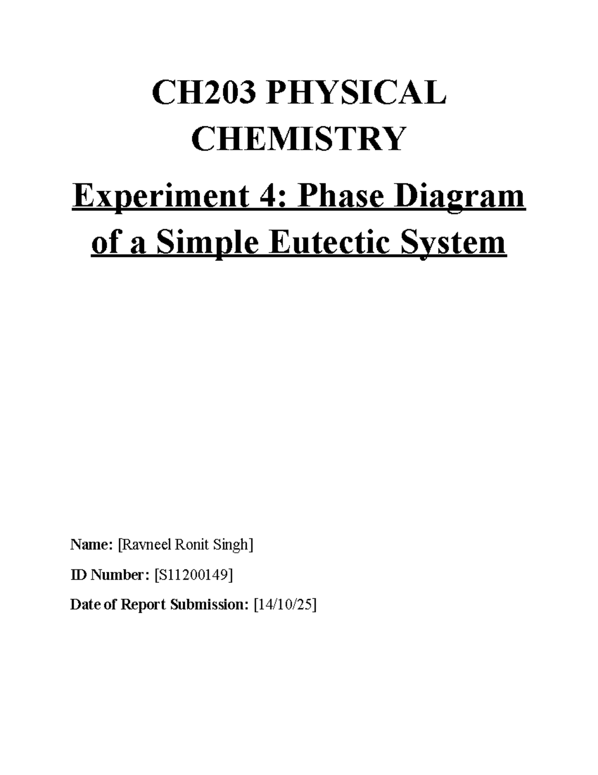 CH203 PHYSICAL CHEMISTRY Lab 4: Eutectic Phase Diagram Analysis - Studocu