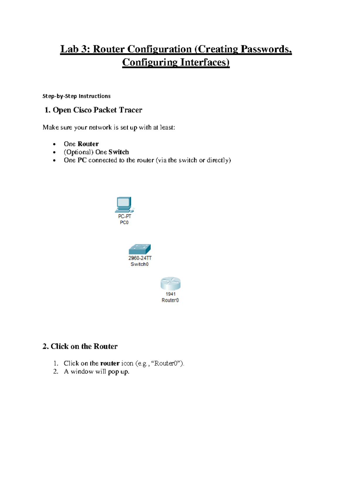Lab 3: Router Config - Passwords & Interfaces Setup Instructions - Studocu