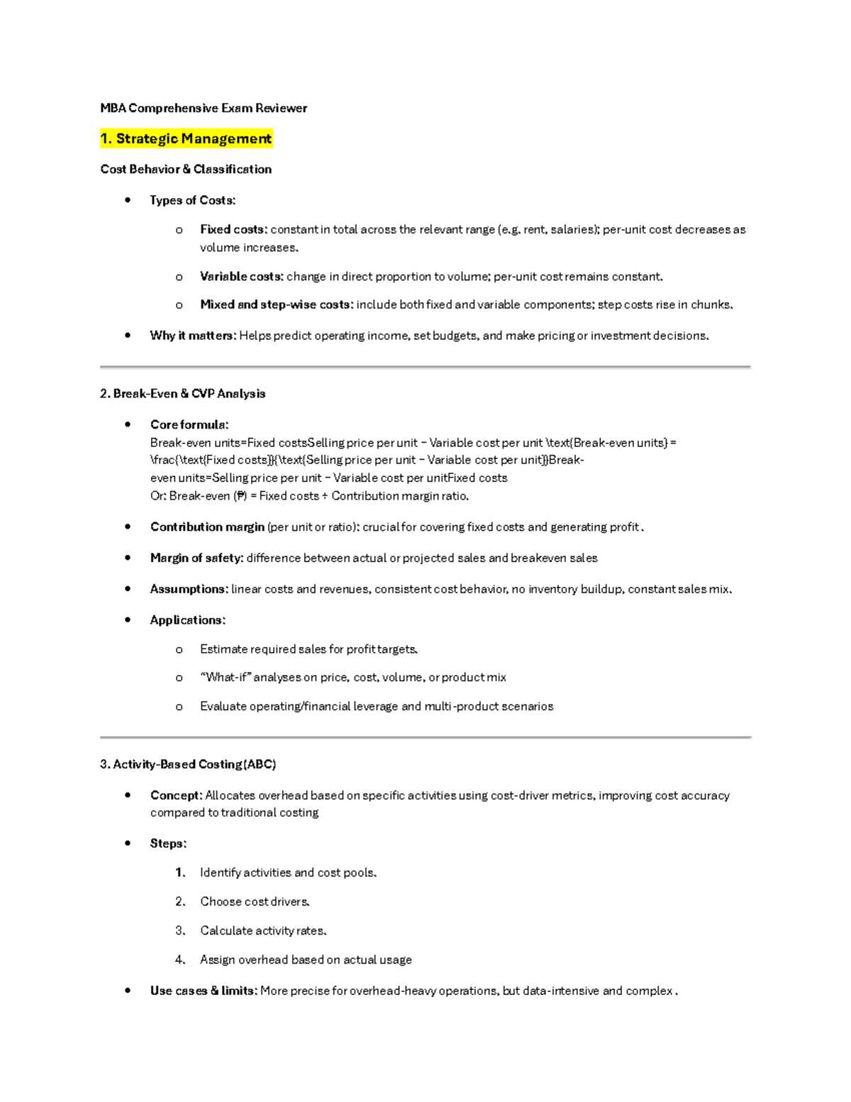 MBA Comprehensive Exam Reviewer: Strategic Management & Financial ...