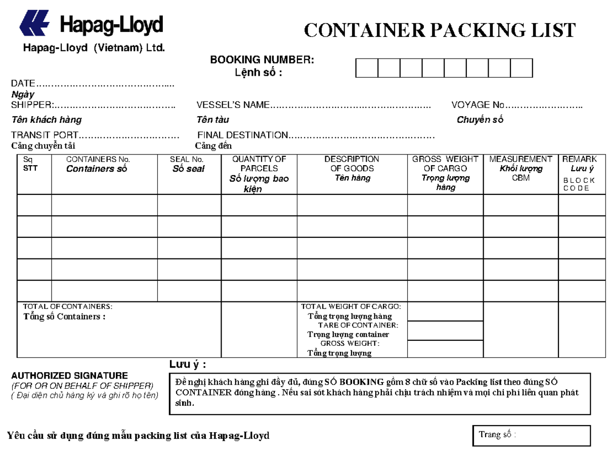 Container Packing List Update - Booking No. & Block Code - Studocu