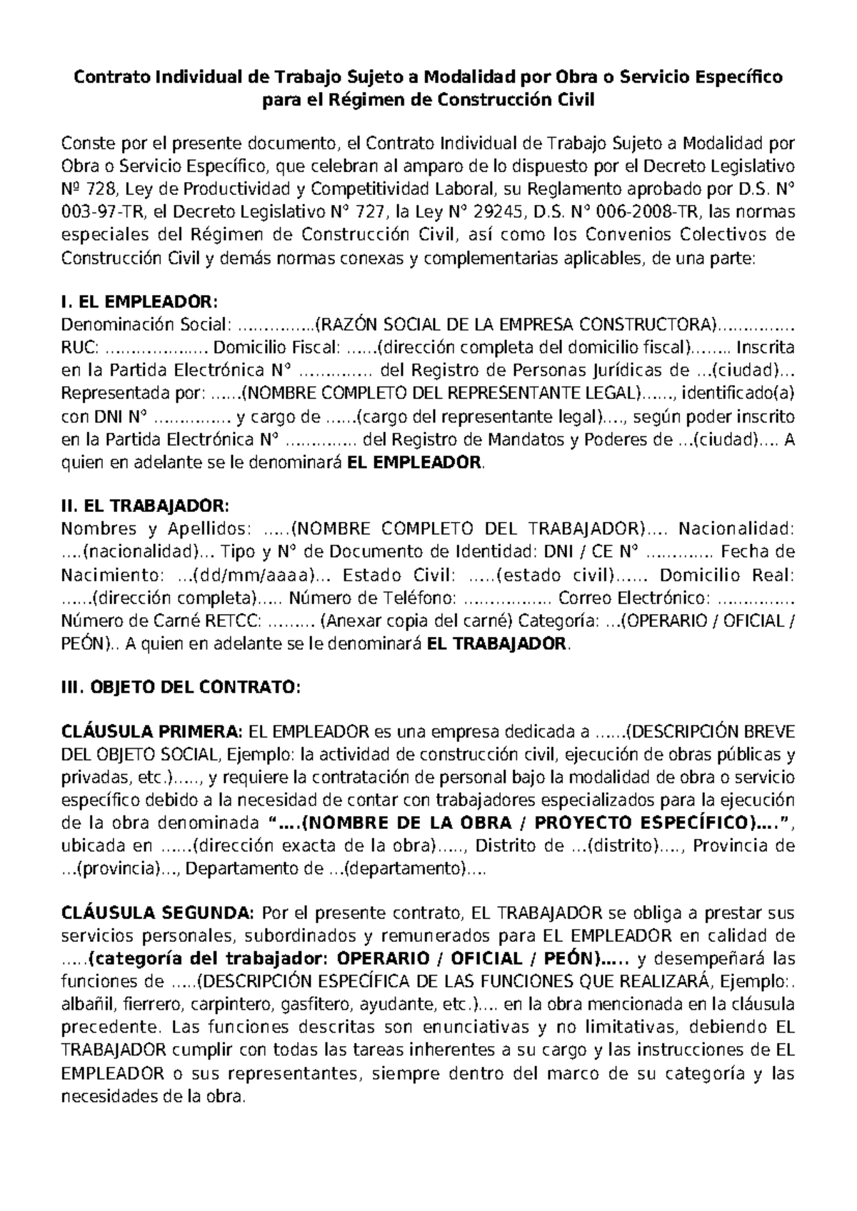 Contrato Individual de Trabajo por Obra en Construcción Civil - Document Preview