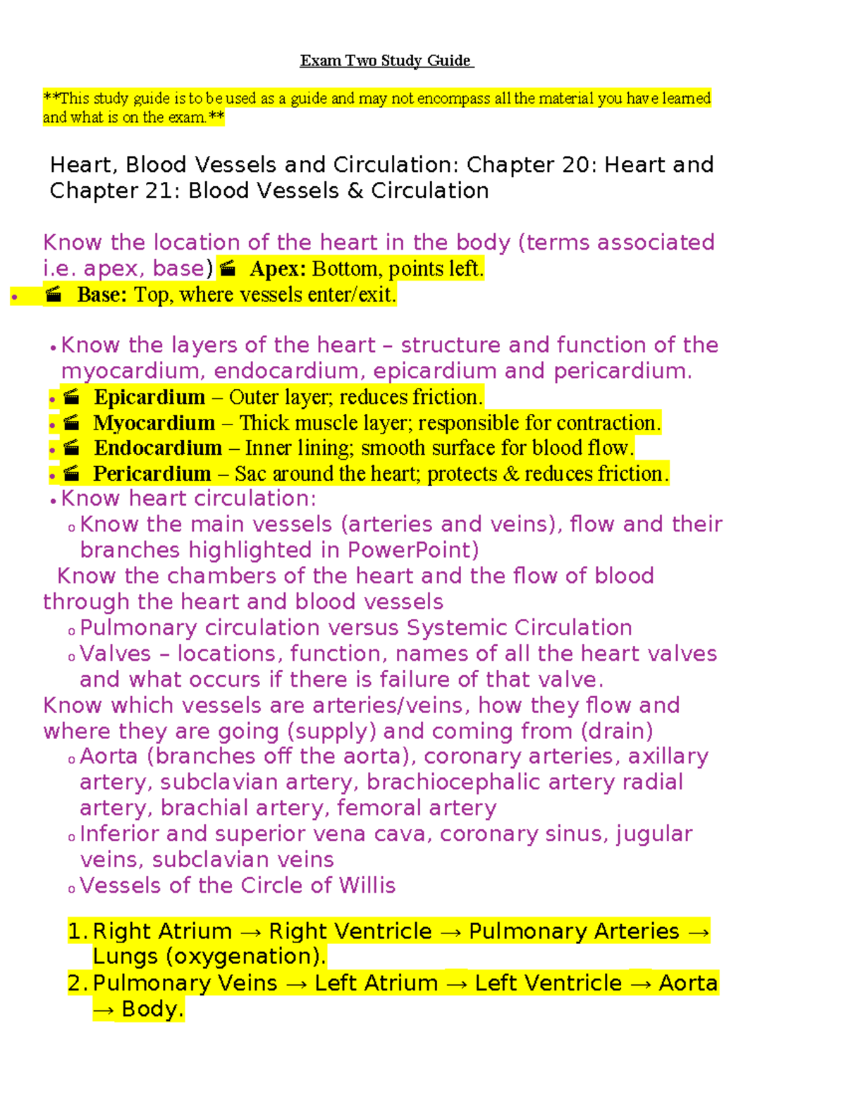 Biology 101: Final Exam Study Guide for Heart & Circulatory System ...