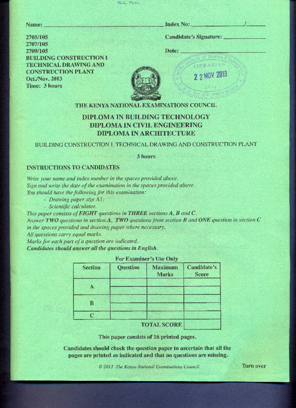 Building Construction I, Technical Drawing & Construction Plant Exam ...