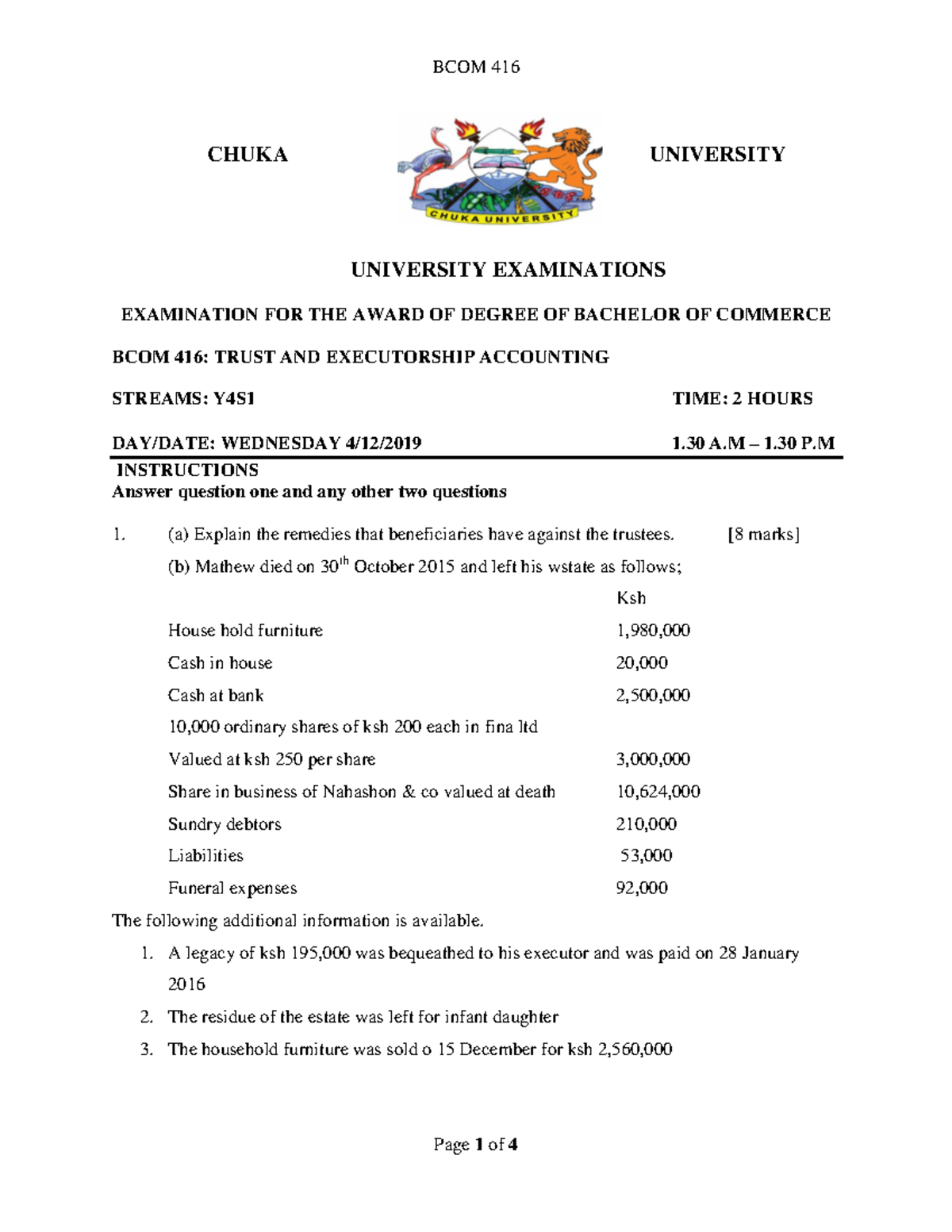 BCOM 416 - Trust and Executors Accounting Final Exam Notes - Studocu