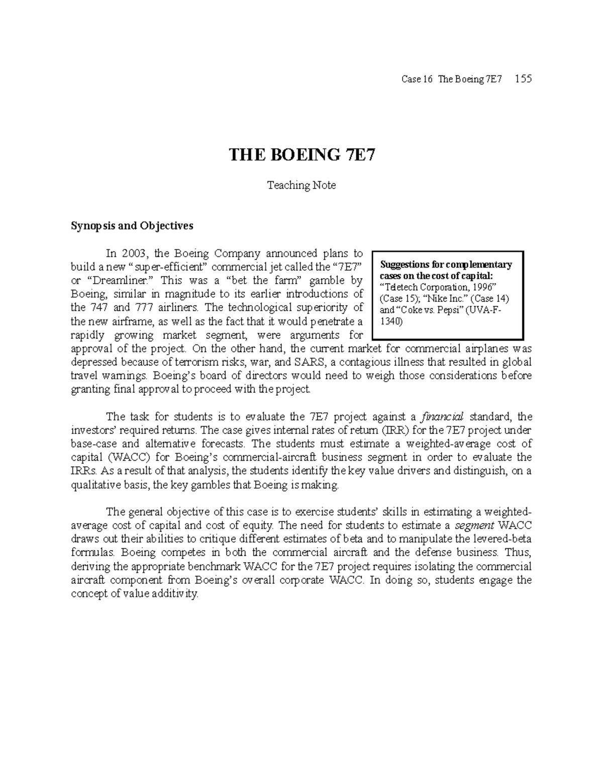 Case Study 16: Evaluating the Boeing 7E7 Project's WACC and IRR - Studocu