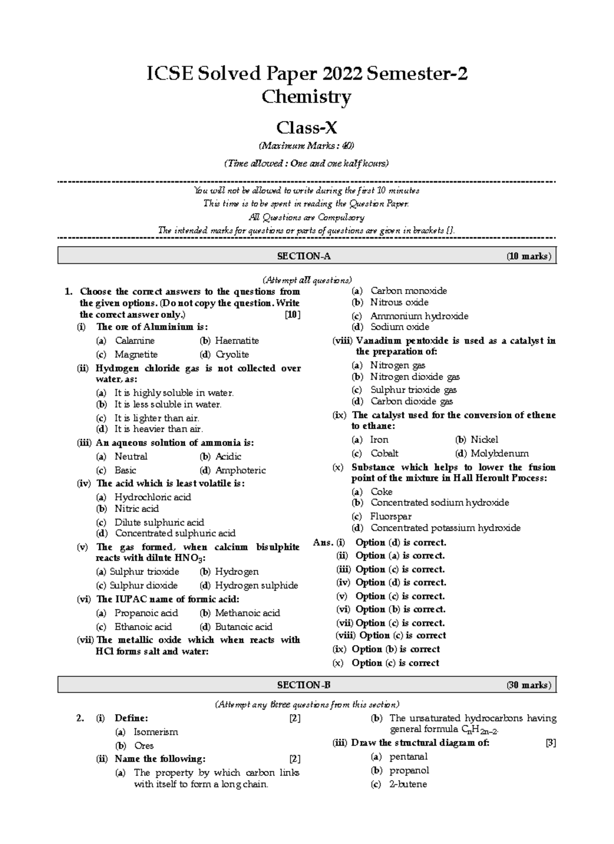 ICSE 2022 Chemistry Solved Paper - Sem 2 (Max Marks: 40) - Studocu