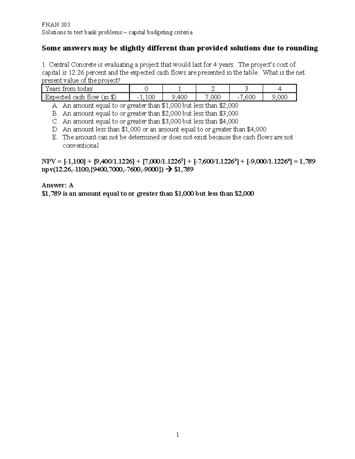 FNAN 303 Capital Budgeting Criteria Test Bank Solutions - Comprehensive ...