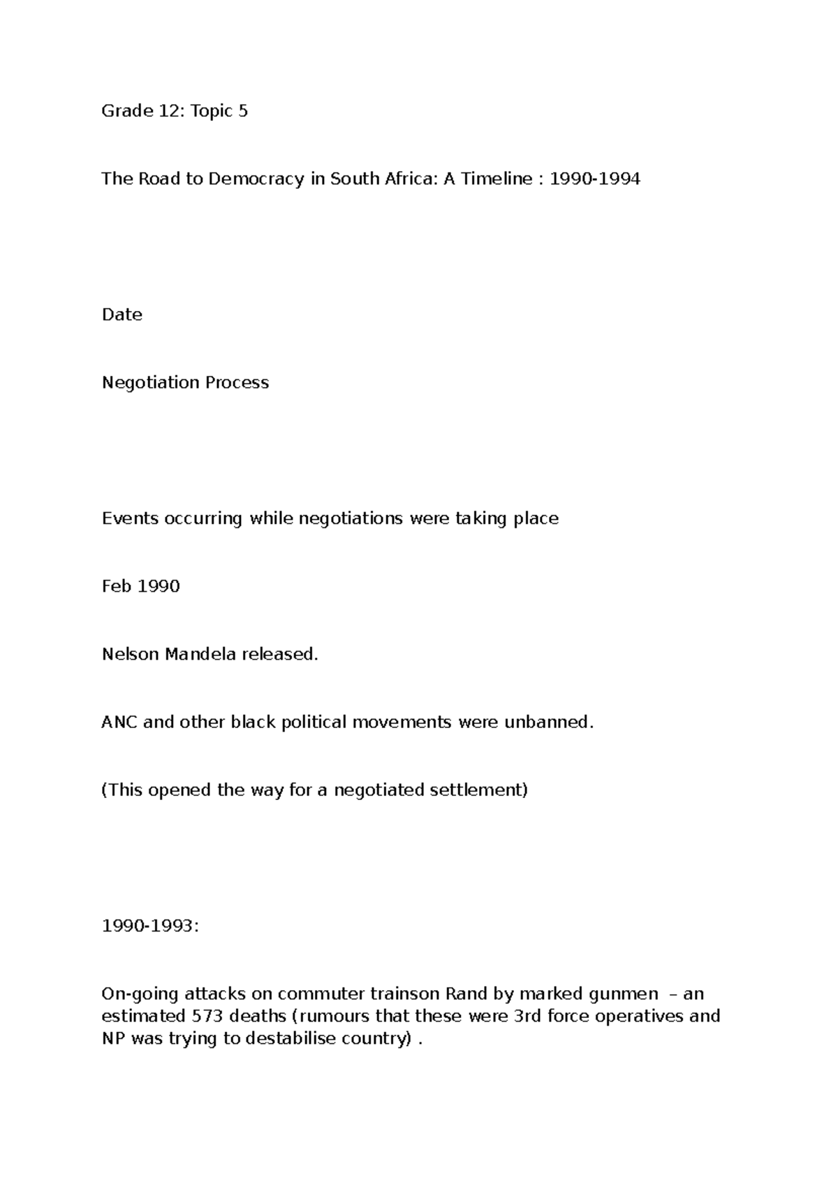 Grade 12: Topic 5 - The Road to Democracy in South Africa Timeline ...