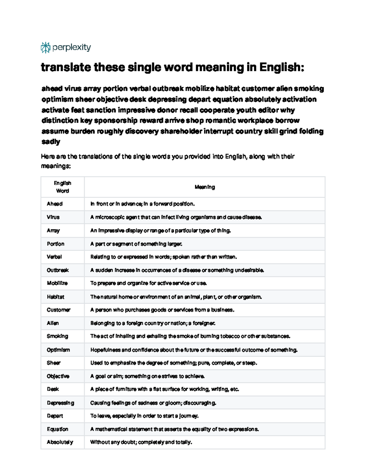 English Translations of Single Words with Meanings - Studocu