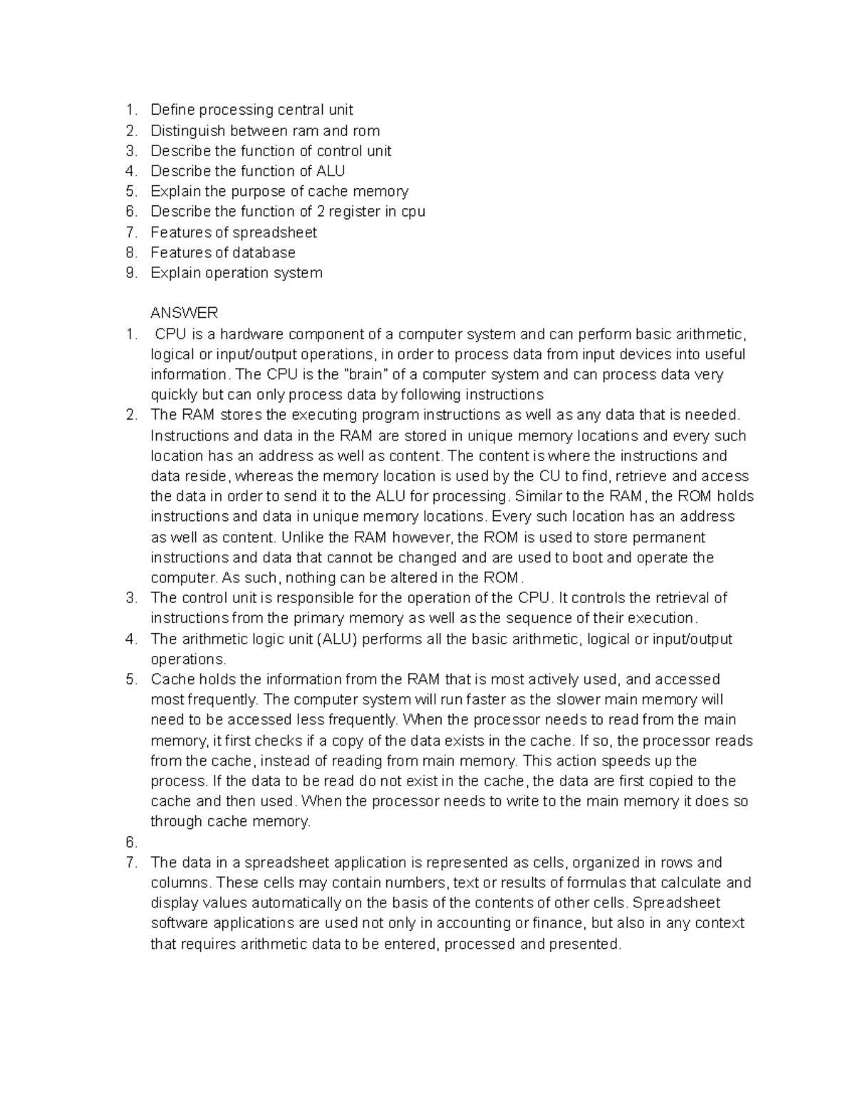 Comp Sci UT Answers - CPU Functions and Memory Concepts - Studocu
