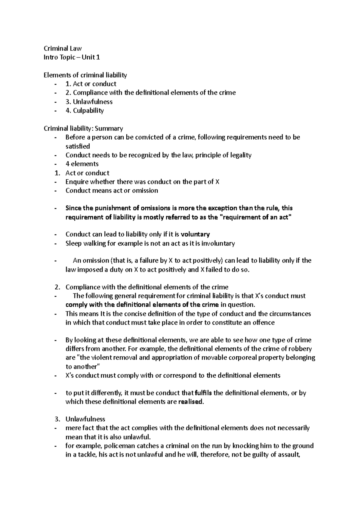 CRW2601 Intro to Criminal Law: Key Concepts and Liability Elements ...