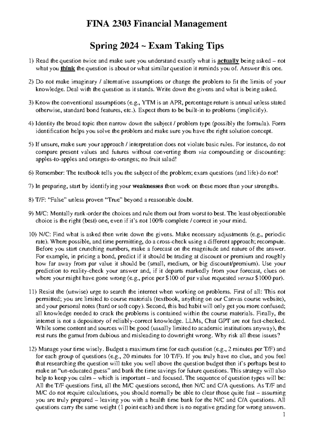 FINA 2303 Spring 2024 Exam Taking Tips for Financial Management - Studocu