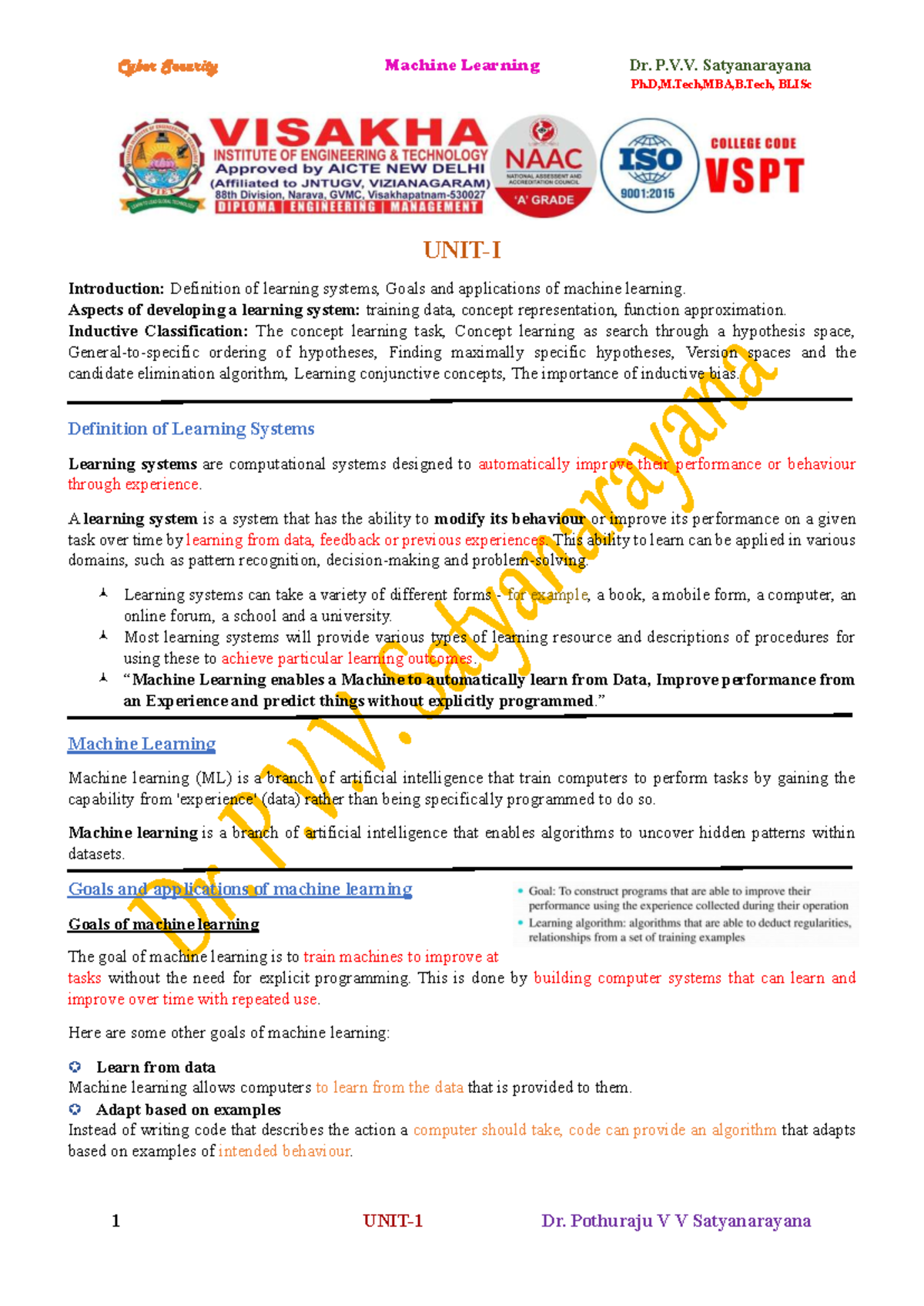 CS ML Unit 1: Introduction to Machine Learning Concepts and ...
