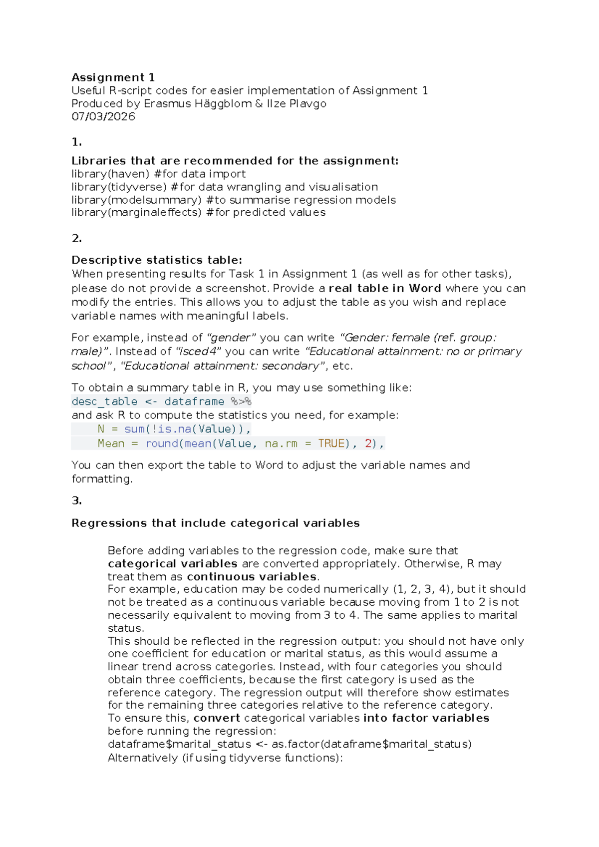 Assignment 1: Essential R-Script Codes for Implementation - Studocu