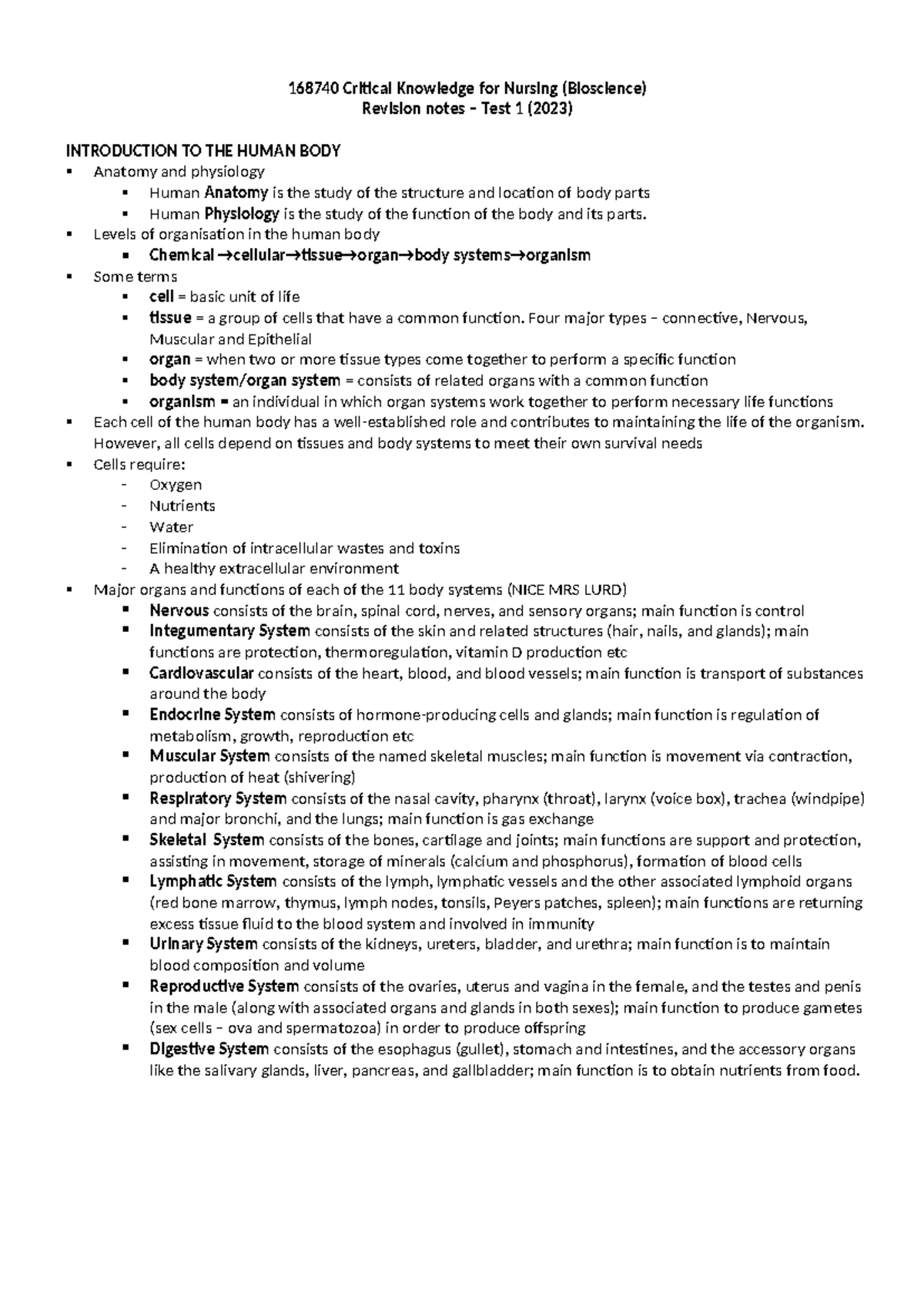 168740 Bioscience Test 1 Revision Notes: Anatomy, Physiology ...