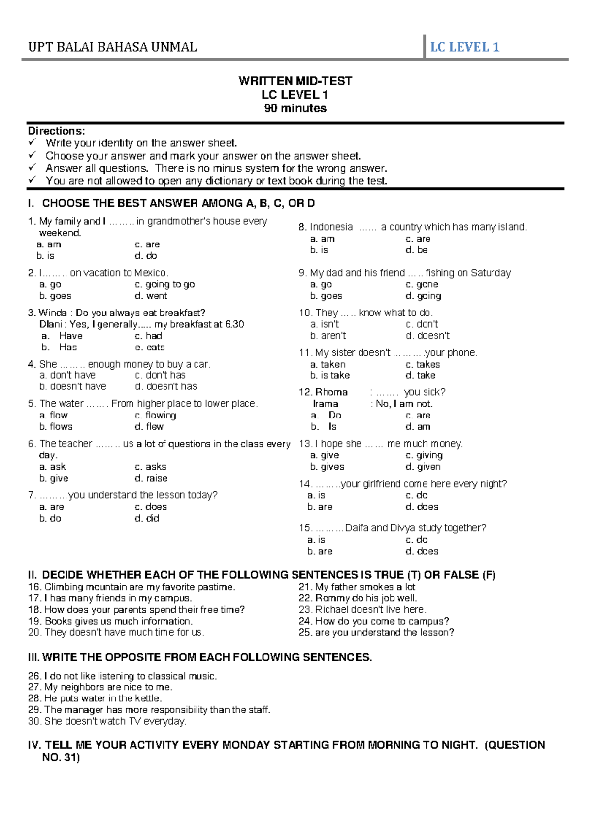 MID TEST LC Level 1 - Written Evaluation Test Instructions - Studocu
