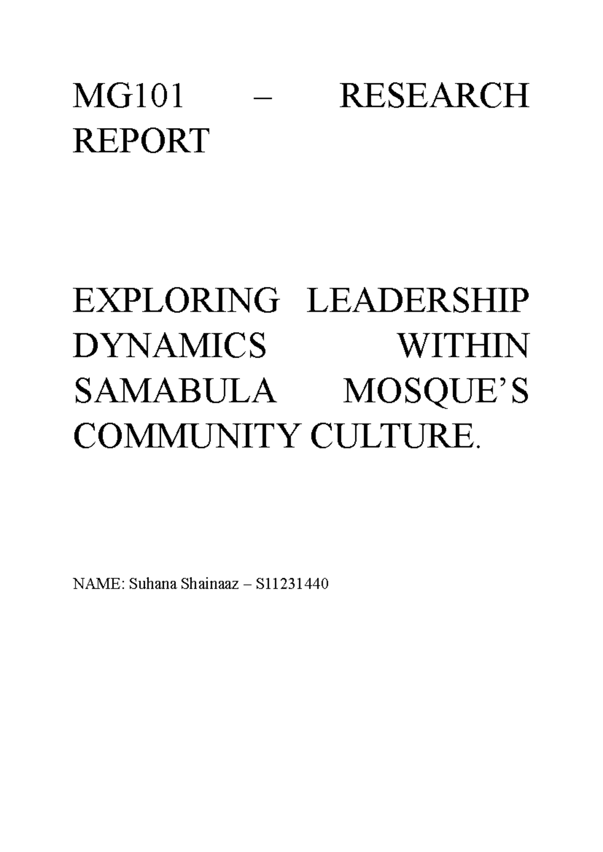 MG101 - Research Report on Leadership Dynamics in Samabula Mosque - Studocu