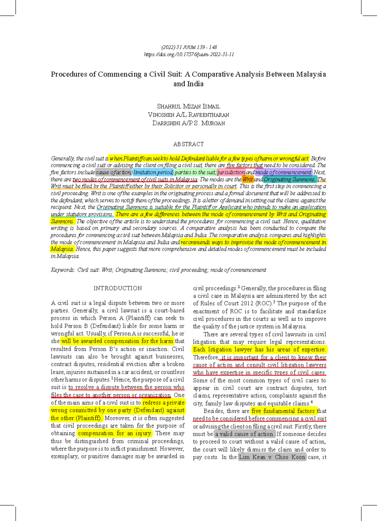 (2022) 31 JUUM Civil Suit Commencement Procedures: Malaysia vs India ...