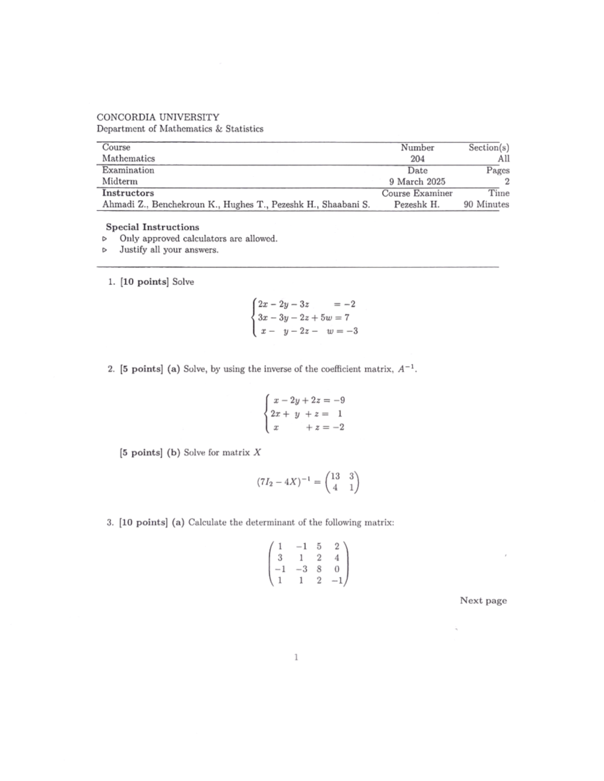 MATH204 - Midterm Questions & Solutions for March 9, 2025 Exam - Studocu